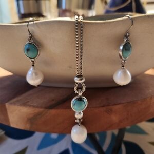 Lucky Brand Sterling Silver Turquoise And Pearl Pendent And Earrings